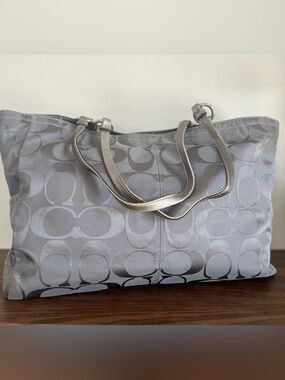Coach Gray Signature Tote Bag with Metallic Handles
